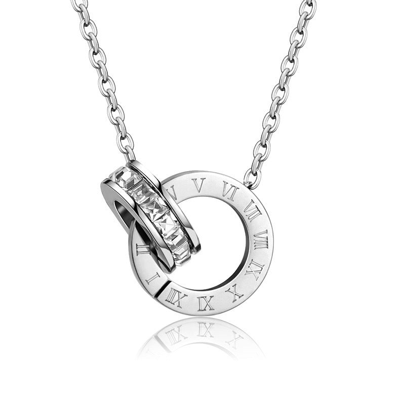 Full-diamond Titanium Steel Necklace featuring Roman numeral double-ring design on a silver chain.