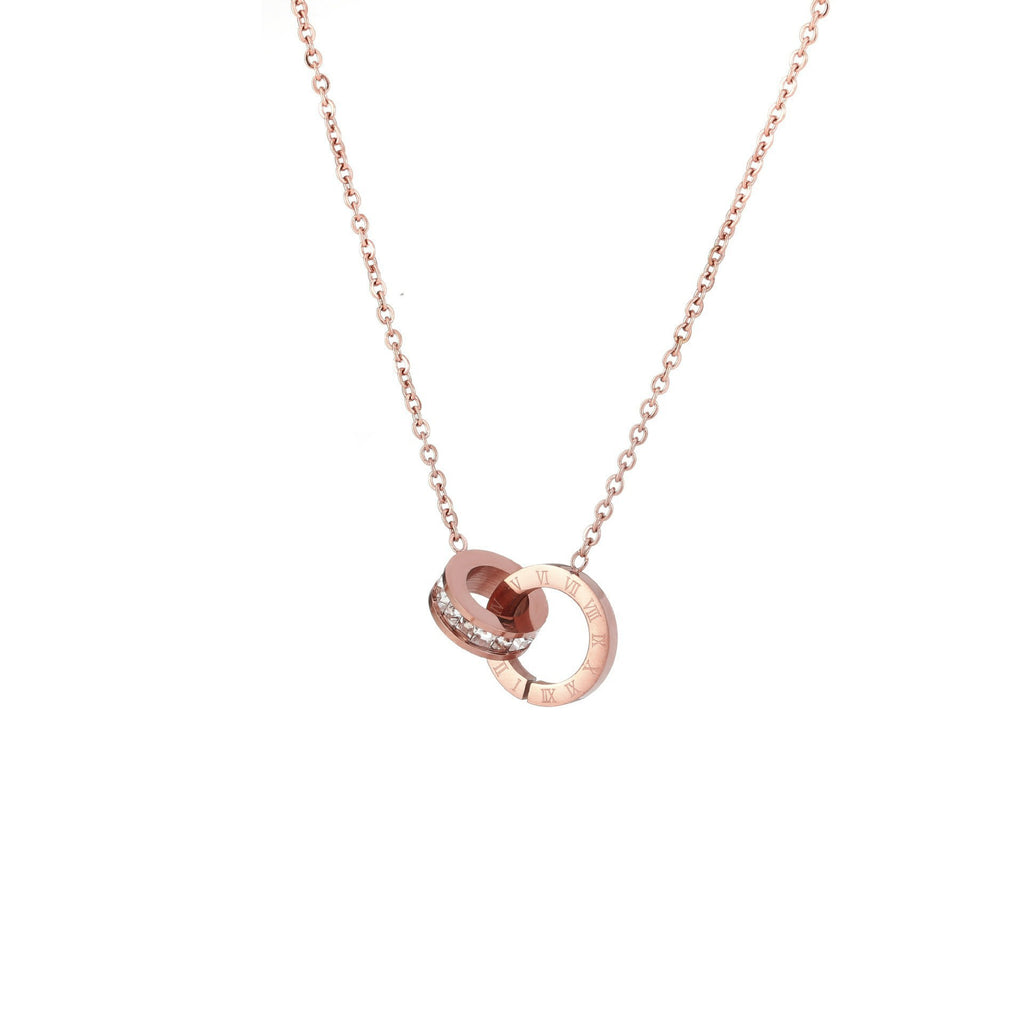 Full-diamond Titanium Steel Necklace featuring Roman Numeral double-ring design in rose gold.