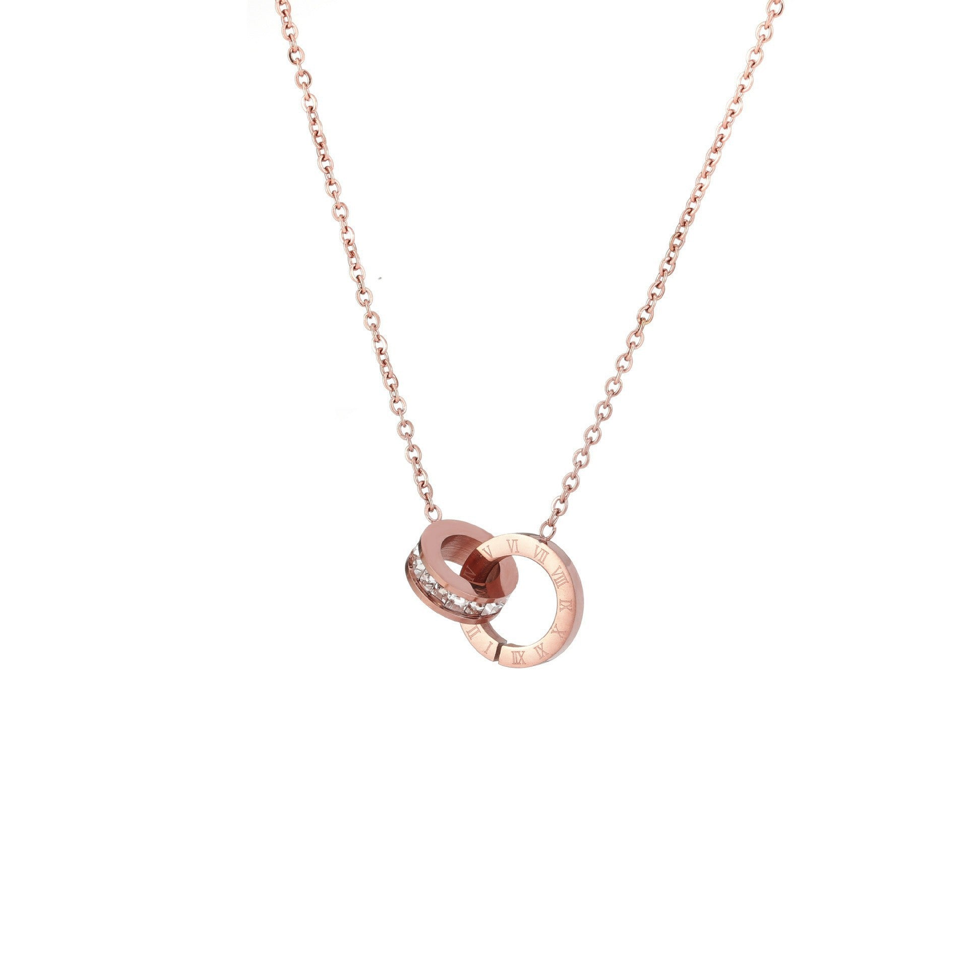 Full-diamond Titanium Steel Necklace featuring Roman Numeral double-ring design in rose gold.